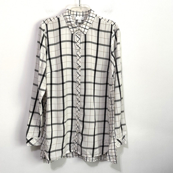 J Jill Blouse S Windowpane White Black Brown Soft Rayon Long Sleeve Top Tunic - Picture 1 of 11